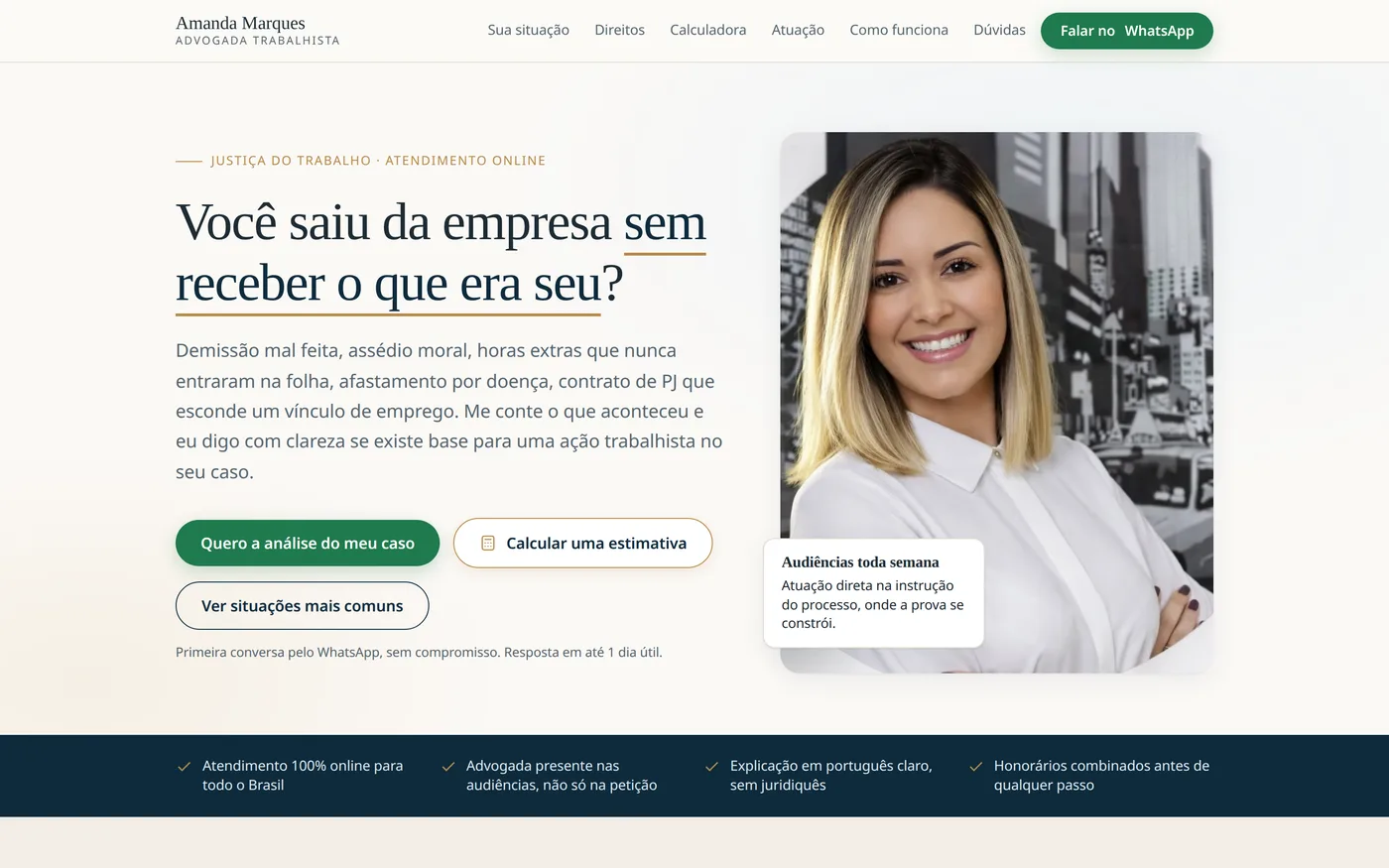 Página da advogada Amanda Marques